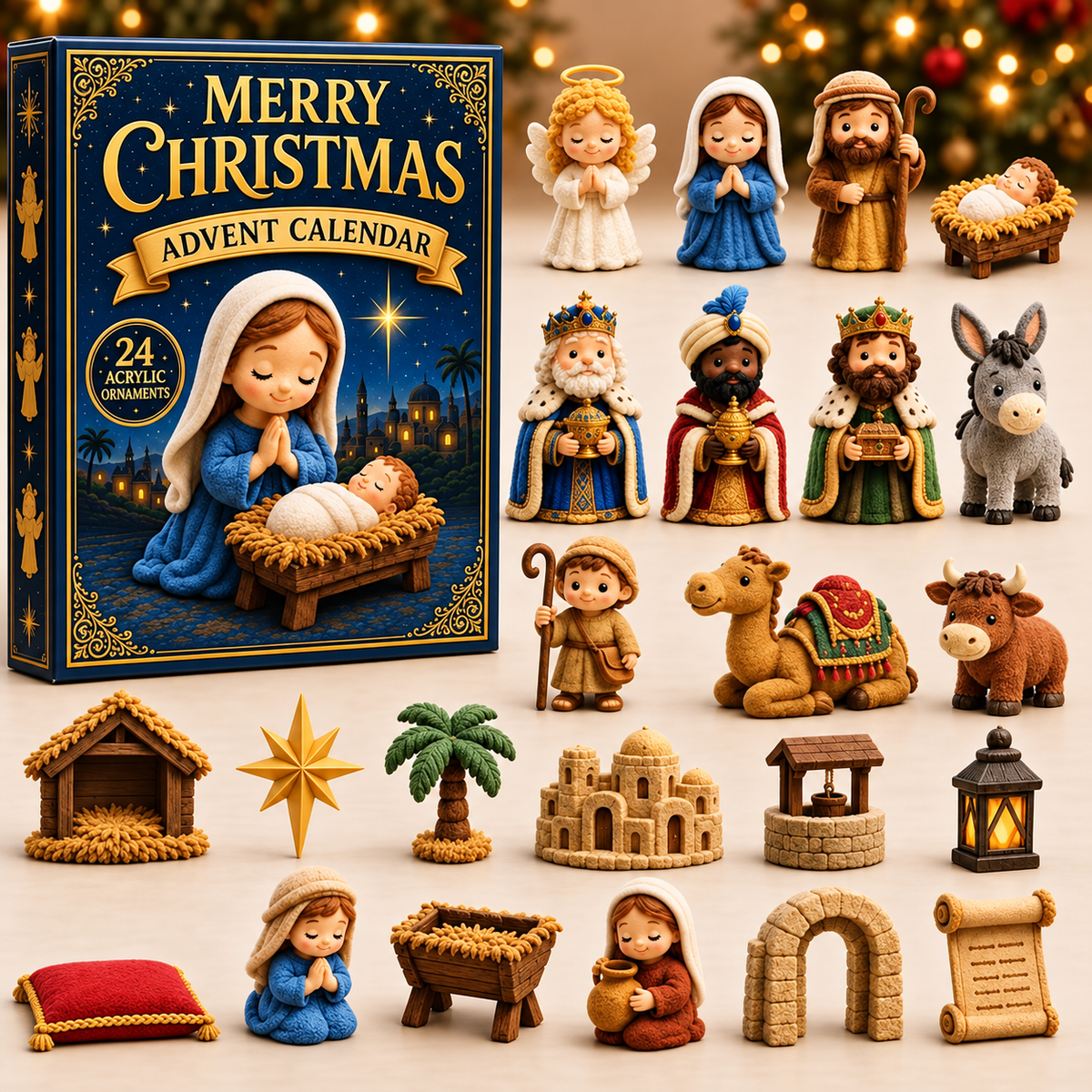 Adventskalender met kerststalthema en 24 acryl ornamenten