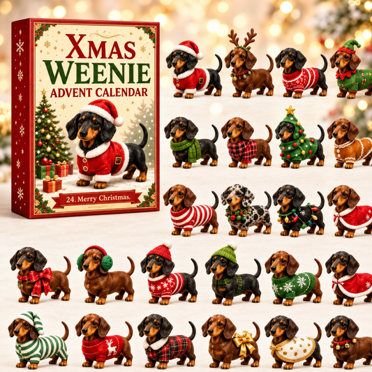 Adventskalender met teckelfiguurtjes in kerstthema