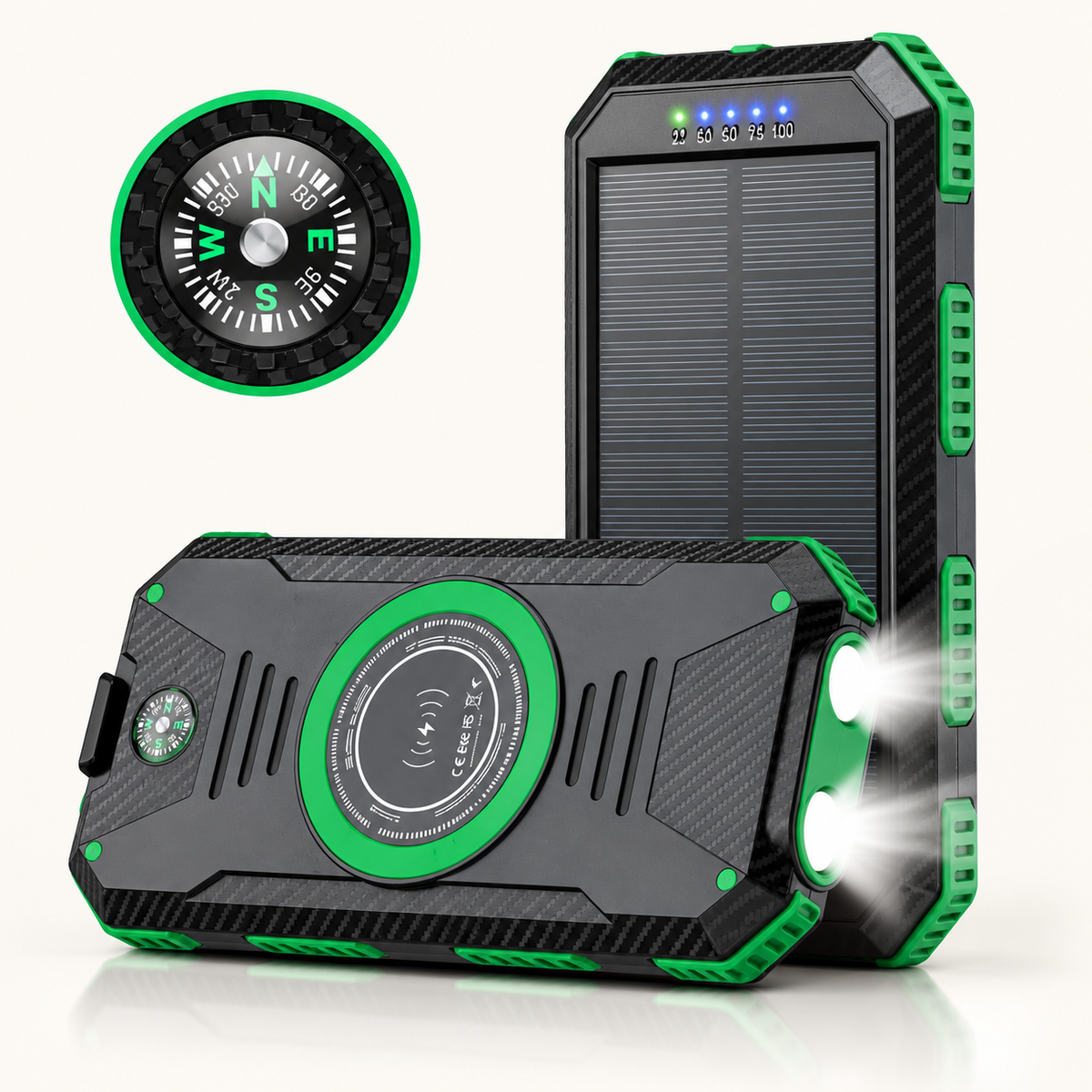 Solar powerbank 10000 mAh met draadloos opladen en kompas