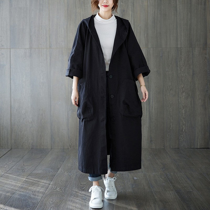 Fashionable loose-fitting knee-length long coat with large pockets for women