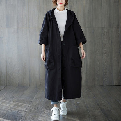 Fashionable loose-fitting knee-length long coat with large pockets for women