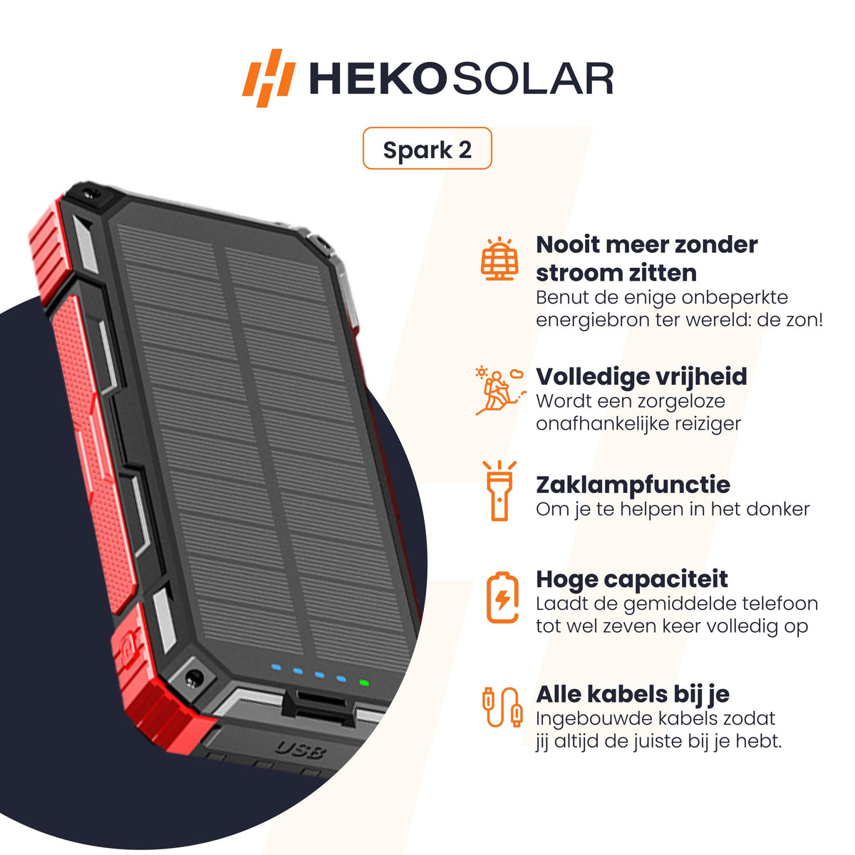 Spark 2 – Solar powerbank 30000 mAh met ingebouwde kabels