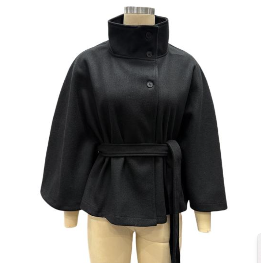 Zora | Cape jas dames met strikceintuur en hoge kraag