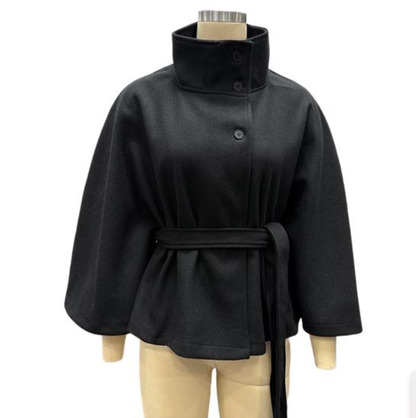 Zora | Cape jas dames met strikceintuur en hoge kraag