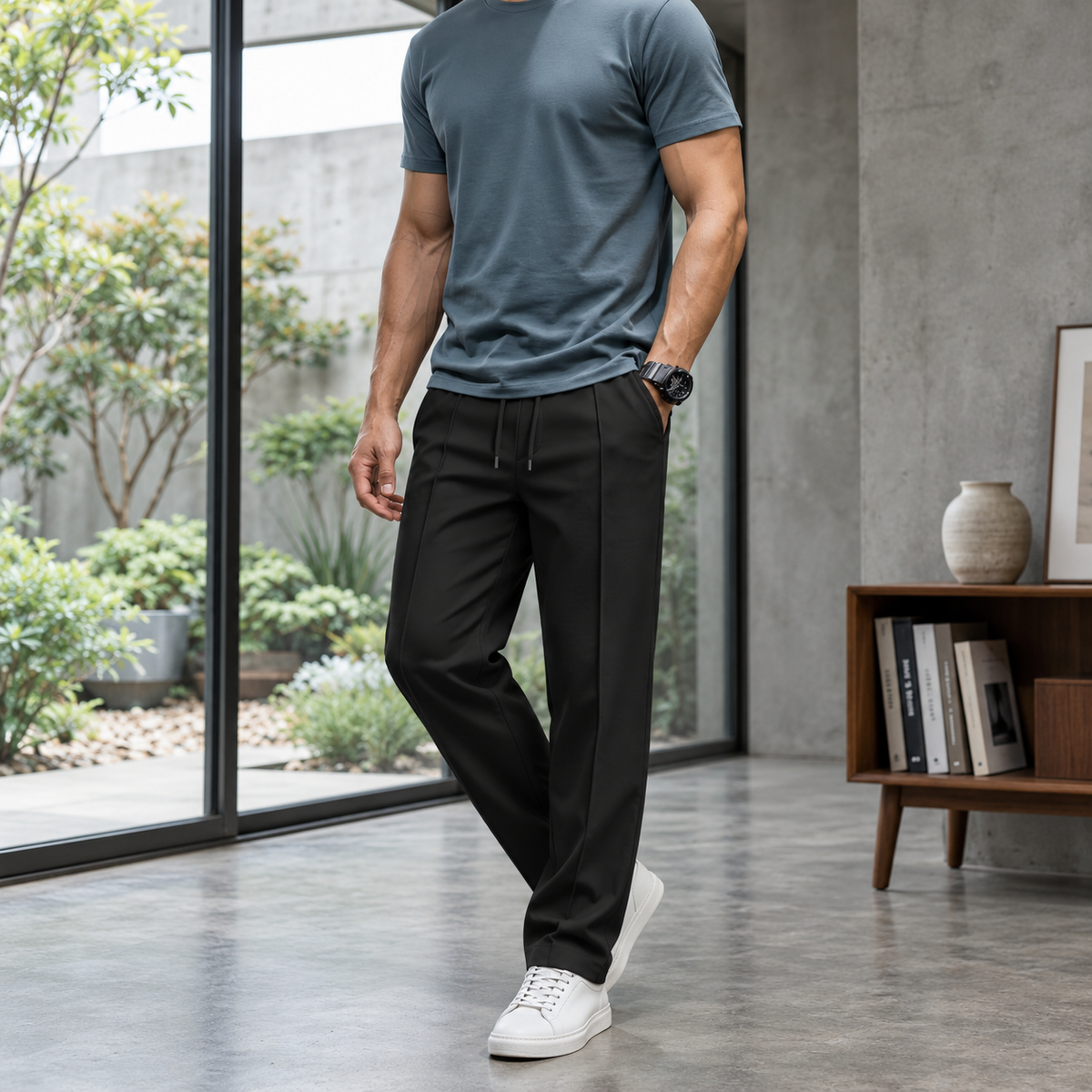 Herenbroek met elastische tailleband en trekkoord