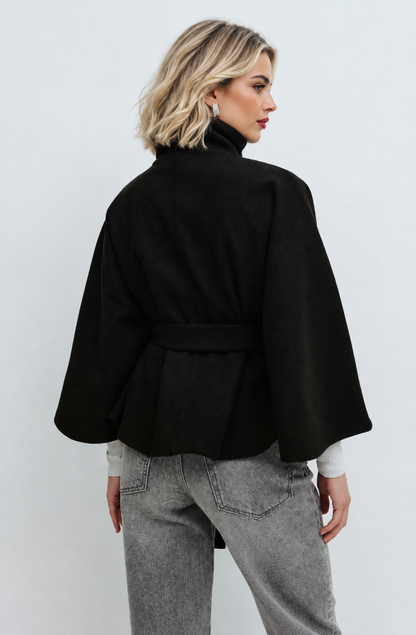 Zora | Cape jas dames met strikceintuur en hoge kraag