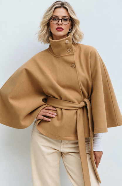 Zora | Cape jas dames met strikceintuur en hoge kraag