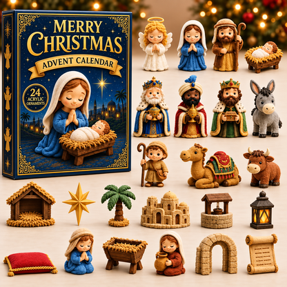 Adventskalender met kerststalthema en 24 acryl ornamenten
