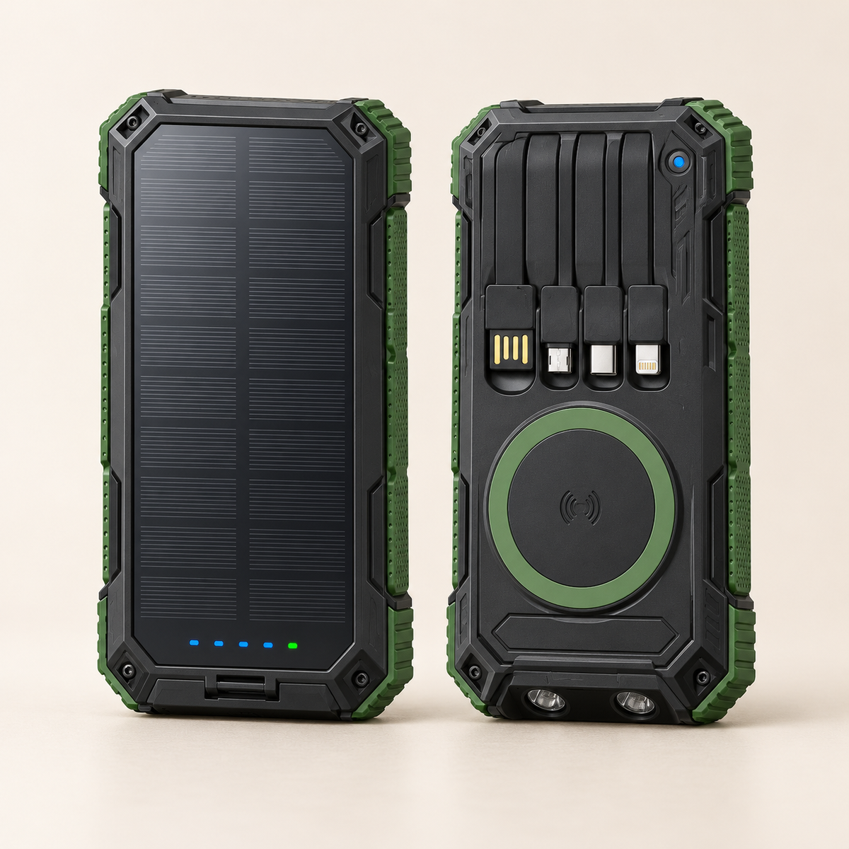 Solar powerbank 20000 mAh met ingebouwde kabels en draadloos opladen