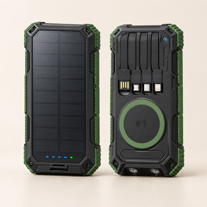 Solar powerbank 20000 mAh met ingebouwde kabels en draadloos opladen