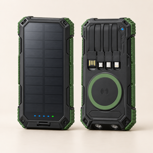 Solar powerbank 20000 mAh met ingebouwde kabels en draadloos opladen