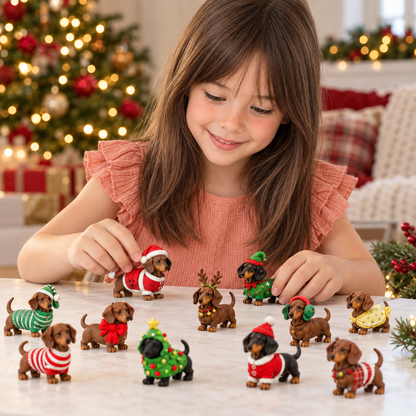 Adventskalender met teckelfiguurtjes in kerstthema