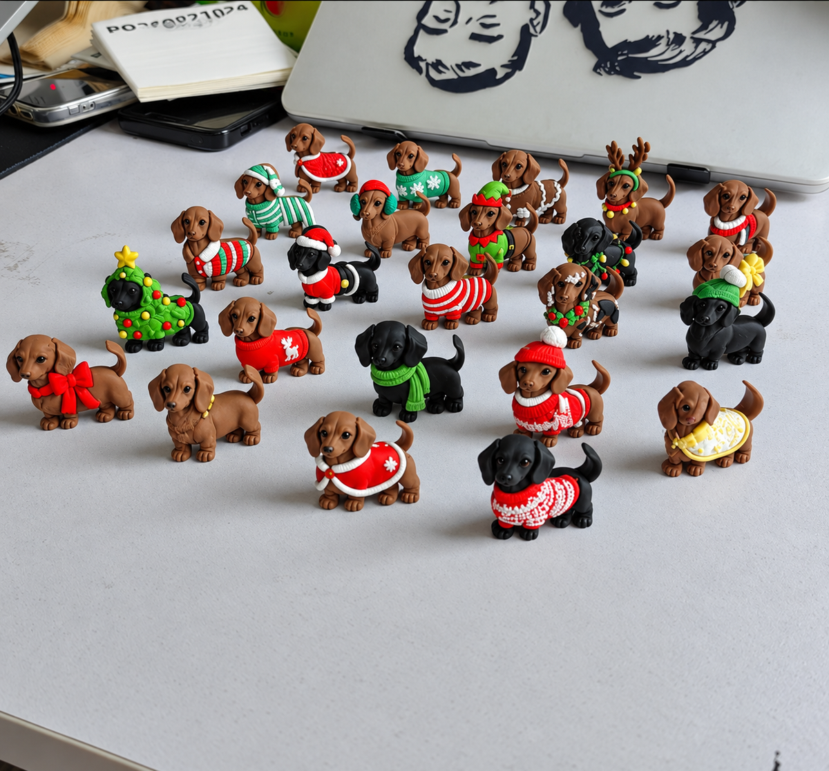 Adventskalender met teckelfiguurtjes in kerstthema