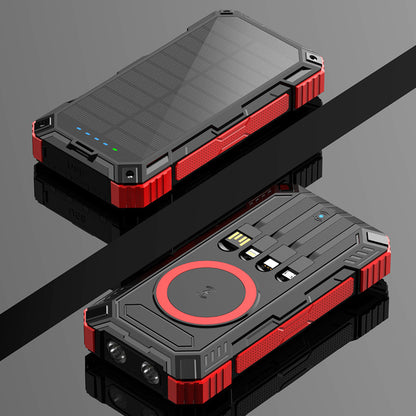 Solar powerbank 20000 mAh met ingebouwde kabels en draadloos opladen
