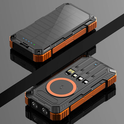 Solar powerbank 20000 mAh met ingebouwde kabels en draadloos opladen