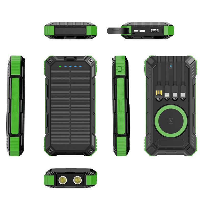 Solar powerbank 20000 mAh met ingebouwde kabels en draadloos opladen