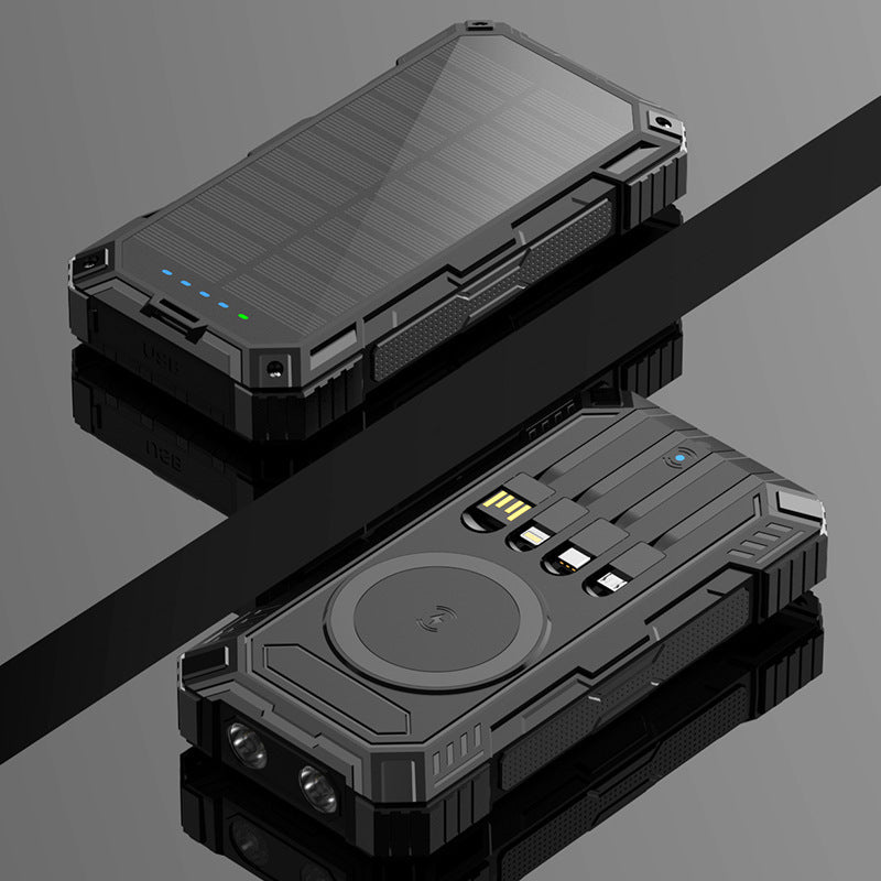 Solar powerbank 20000 mAh met ingebouwde kabels en draadloos opladen
