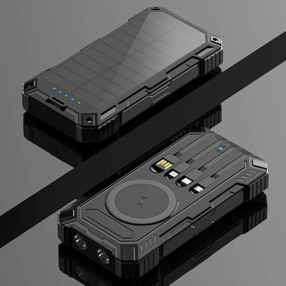 Solar powerbank 20000 mAh met ingebouwde kabels en draadloos opladen