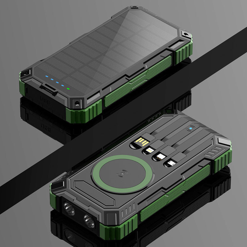 Solar powerbank 20000 mAh met ingebouwde kabels en draadloos opladen