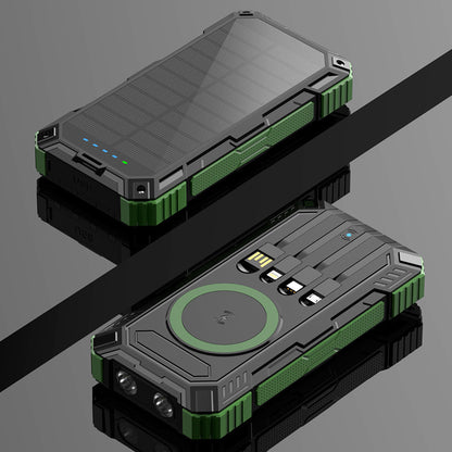 Solar powerbank 20000 mAh met ingebouwde kabels en draadloos opladen