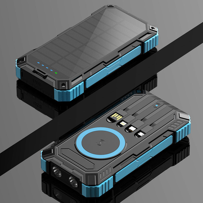 Solar powerbank 20000 mAh met ingebouwde kabels en draadloos opladen
