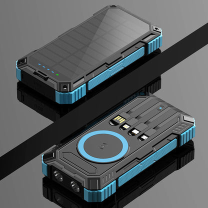 Solar powerbank 20000 mAh met ingebouwde kabels en draadloos opladen