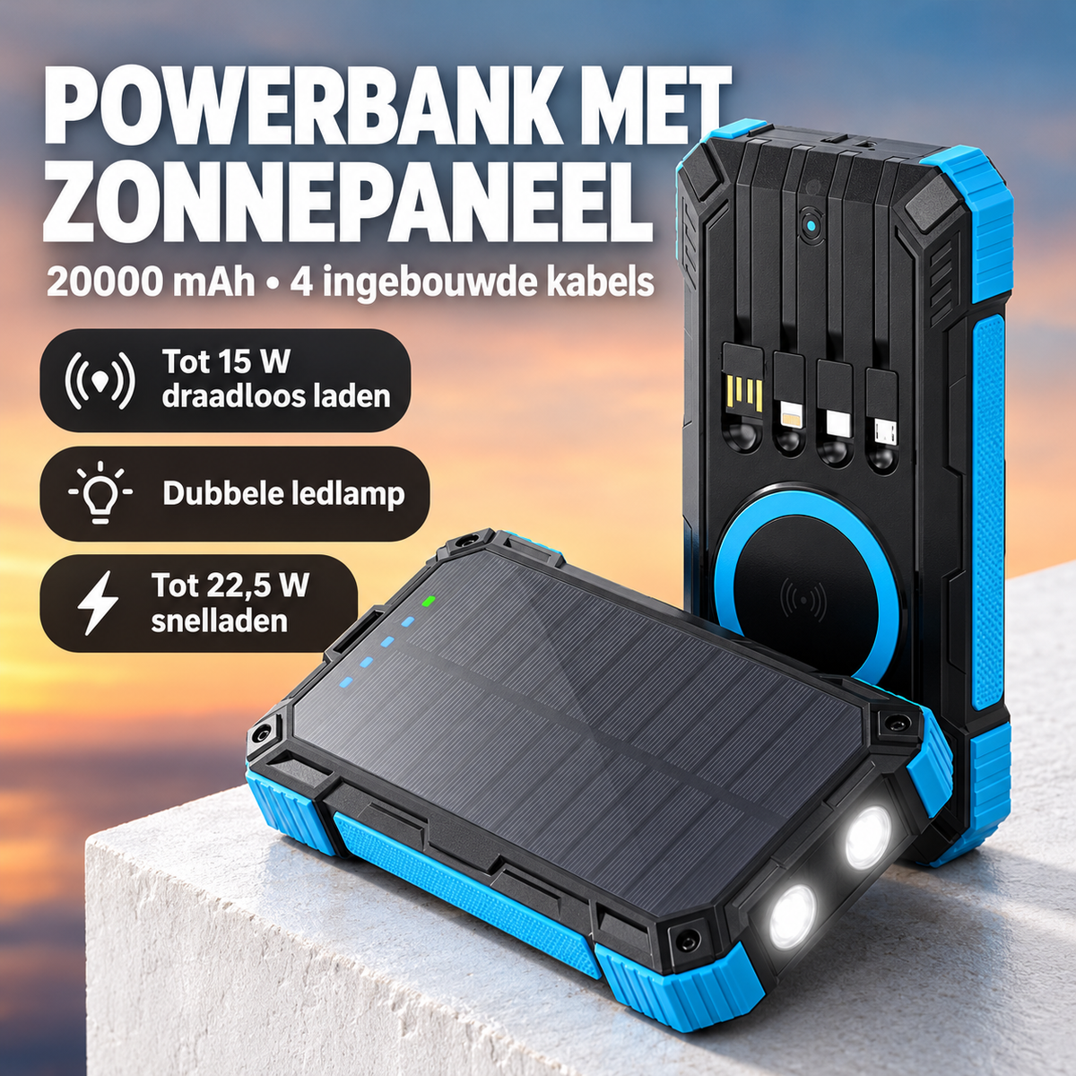 Solar powerbank 20000 mAh met ingebouwde kabels en draadloos opladen