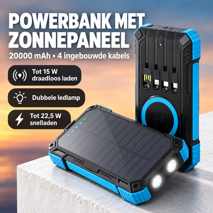 Solar powerbank 20000 mAh met ingebouwde kabels en draadloos opladen