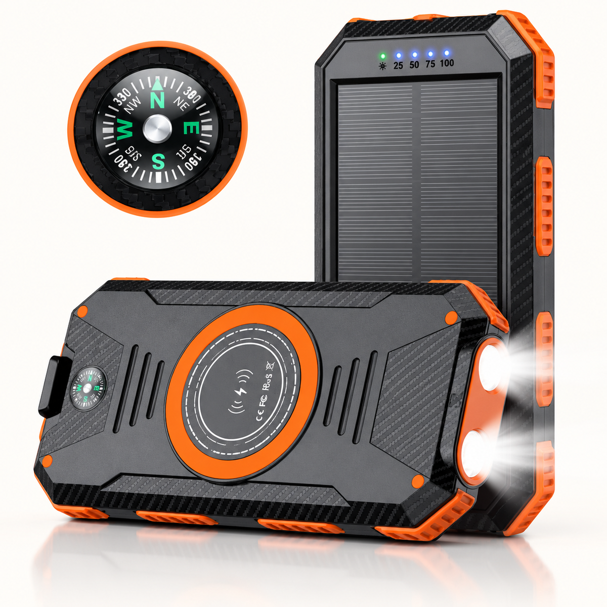 Solar powerbank 10000 mAh met draadloos opladen en kompas