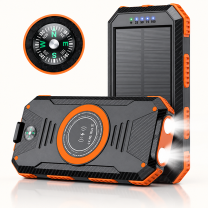 Solar powerbank 10000 mAh met draadloos opladen en kompas