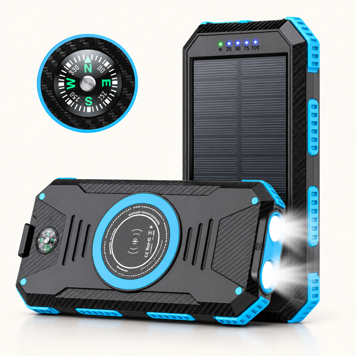 Solar powerbank 10000 mAh met draadloos opladen en kompas