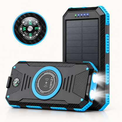 Solar powerbank 10000 mAh met draadloos opladen en kompas