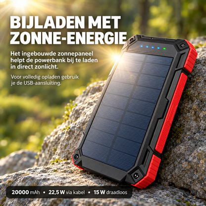 Solar powerbank 20000 mAh met ingebouwde kabels en draadloos opladen
