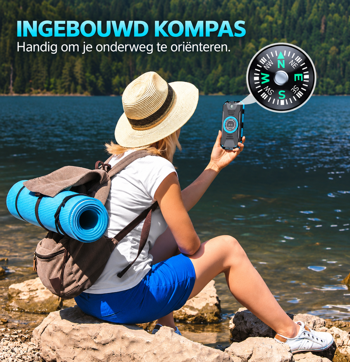 Solar powerbank 10000 mAh met draadloos opladen en kompas