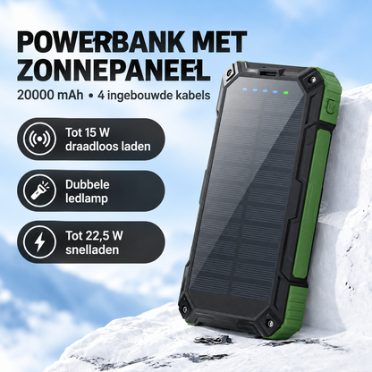 Solar powerbank 20000 mAh met ingebouwde kabels en draadloos opladen