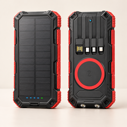 Solar powerbank 20000 mAh met ingebouwde kabels en draadloos opladen