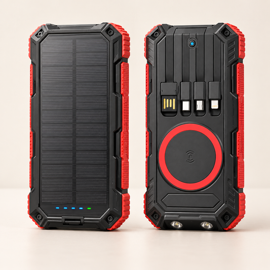 Solar powerbank 20000 mAh met ingebouwde kabels en draadloos opladen