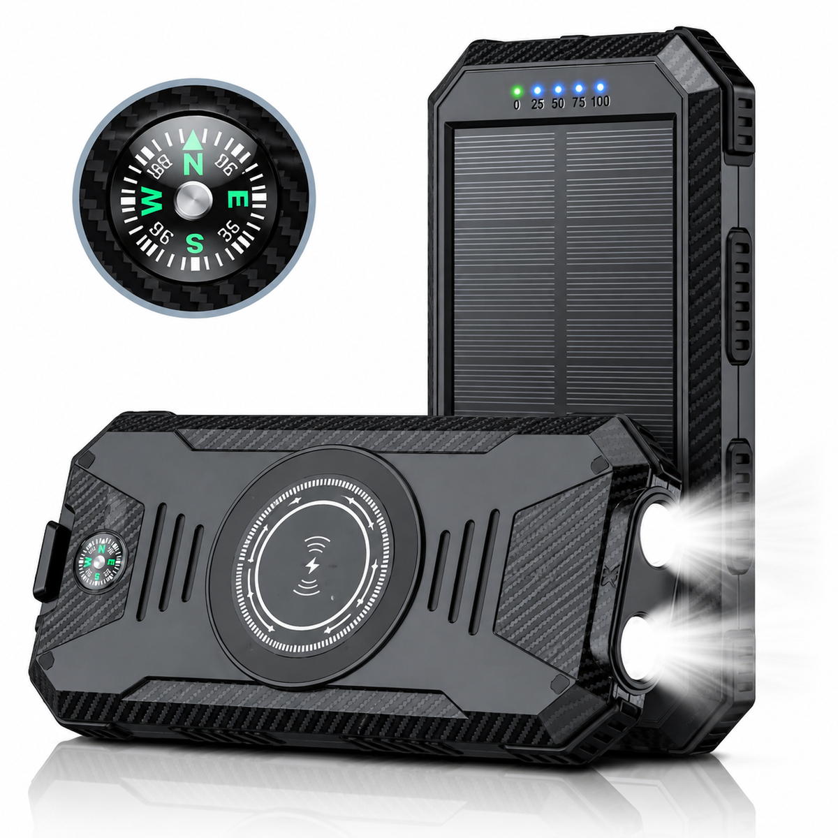 Solar powerbank 10000 mAh met draadloos opladen en kompas