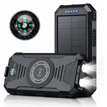 Solar powerbank 10000 mAh met draadloos opladen en kompas