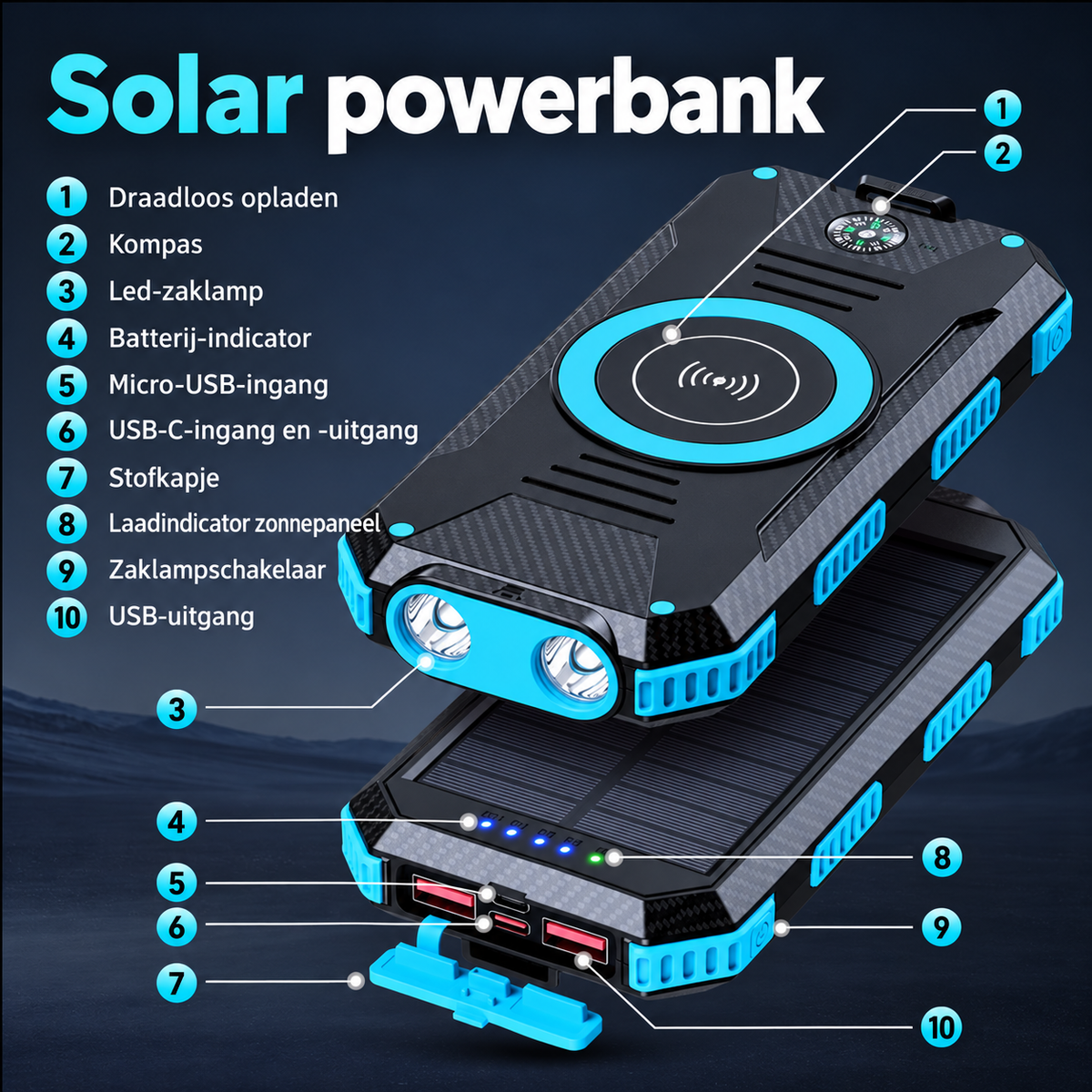 Solar powerbank 10000 mAh met draadloos opladen en kompas