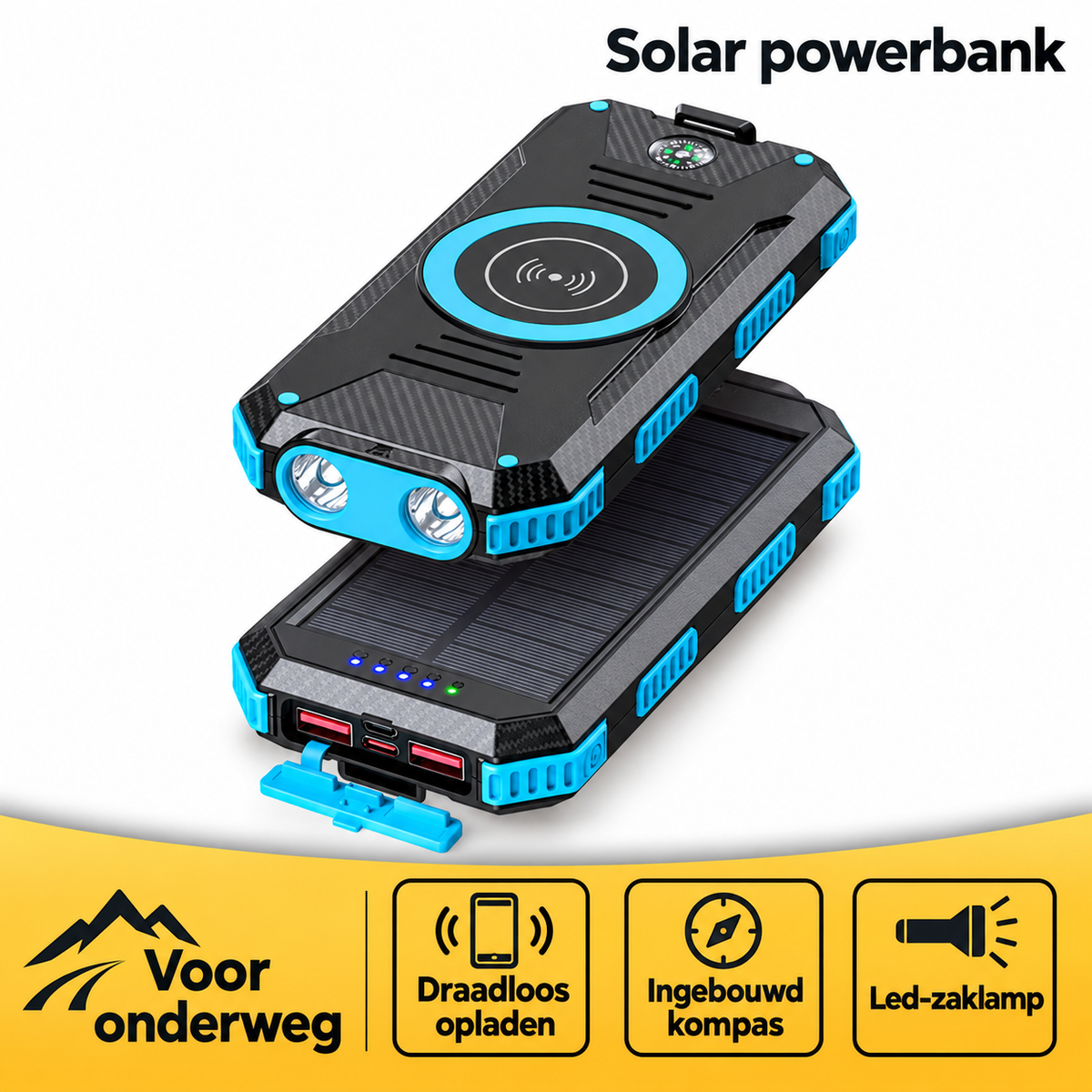 Solar powerbank 10000 mAh met draadloos opladen en kompas