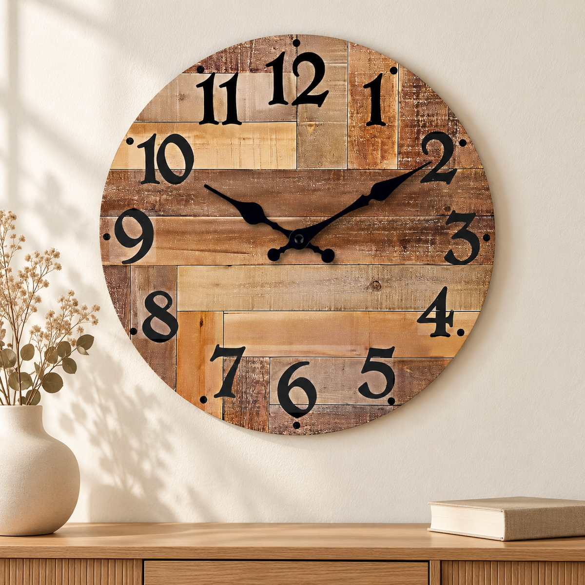 Marceau | Stille wandklok met houtlook en retro cijfers