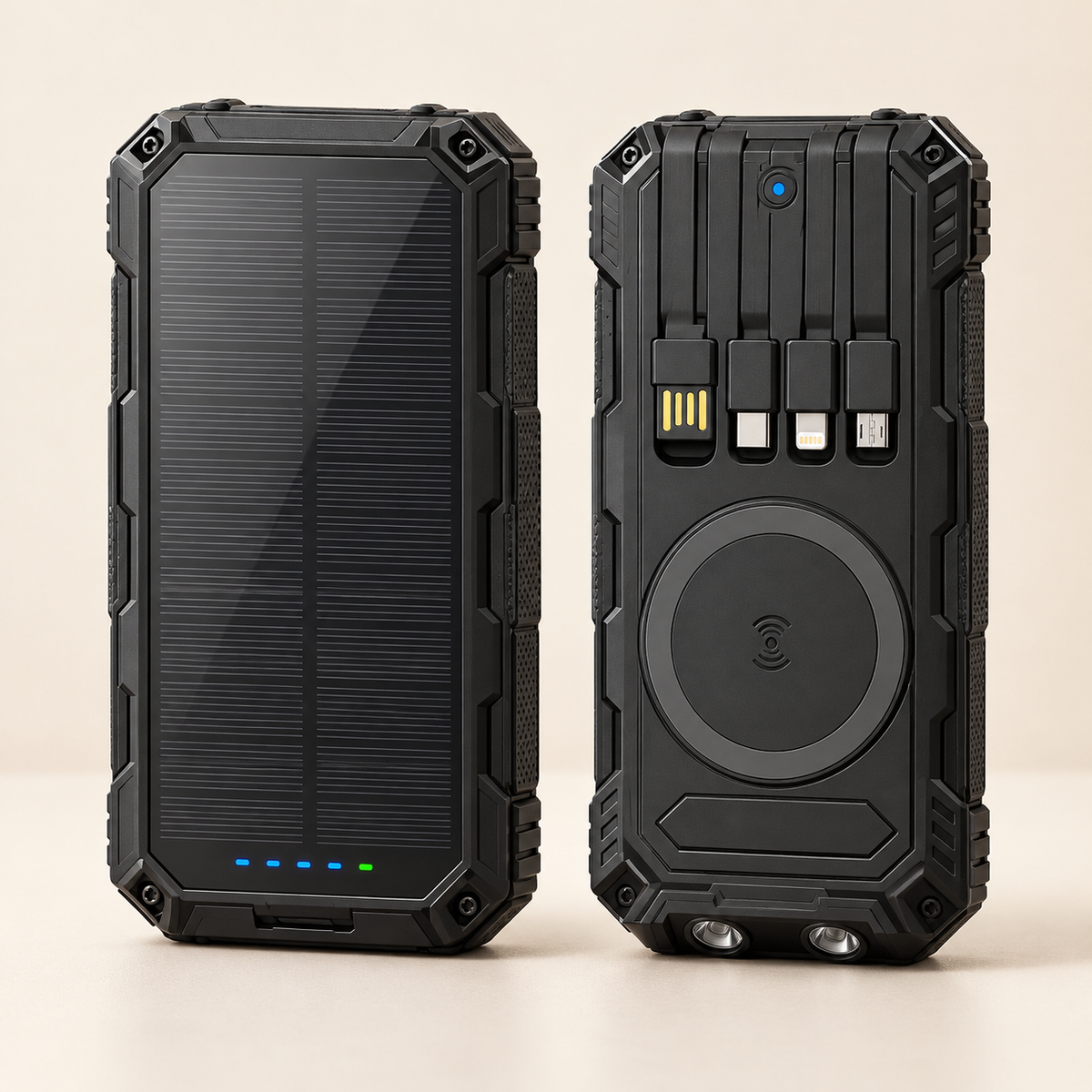 Solar powerbank 20000 mAh met ingebouwde kabels en draadloos opladen
