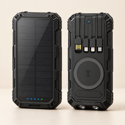 Solar powerbank 20000 mAh met ingebouwde kabels en draadloos opladen