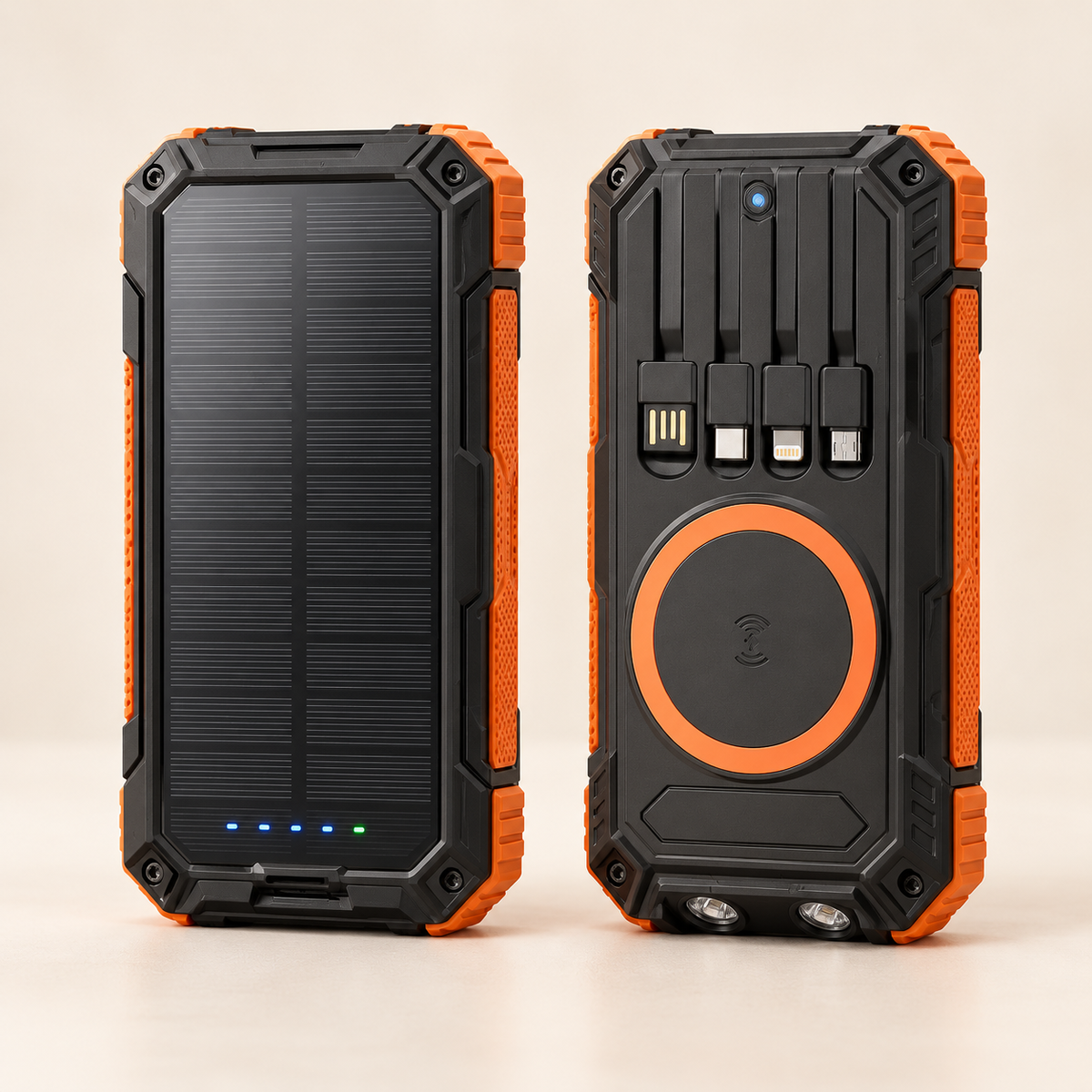 Solar powerbank 20000 mAh met ingebouwde kabels en draadloos opladen