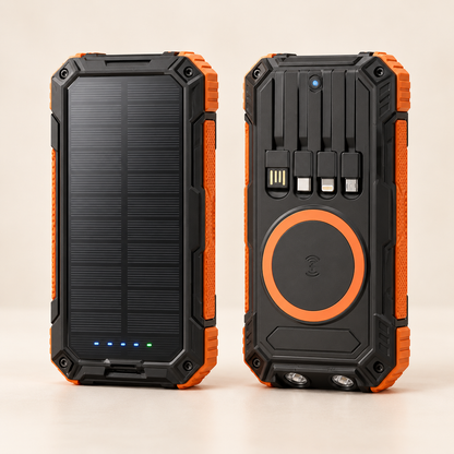 Solar powerbank 20000 mAh met ingebouwde kabels en draadloos opladen