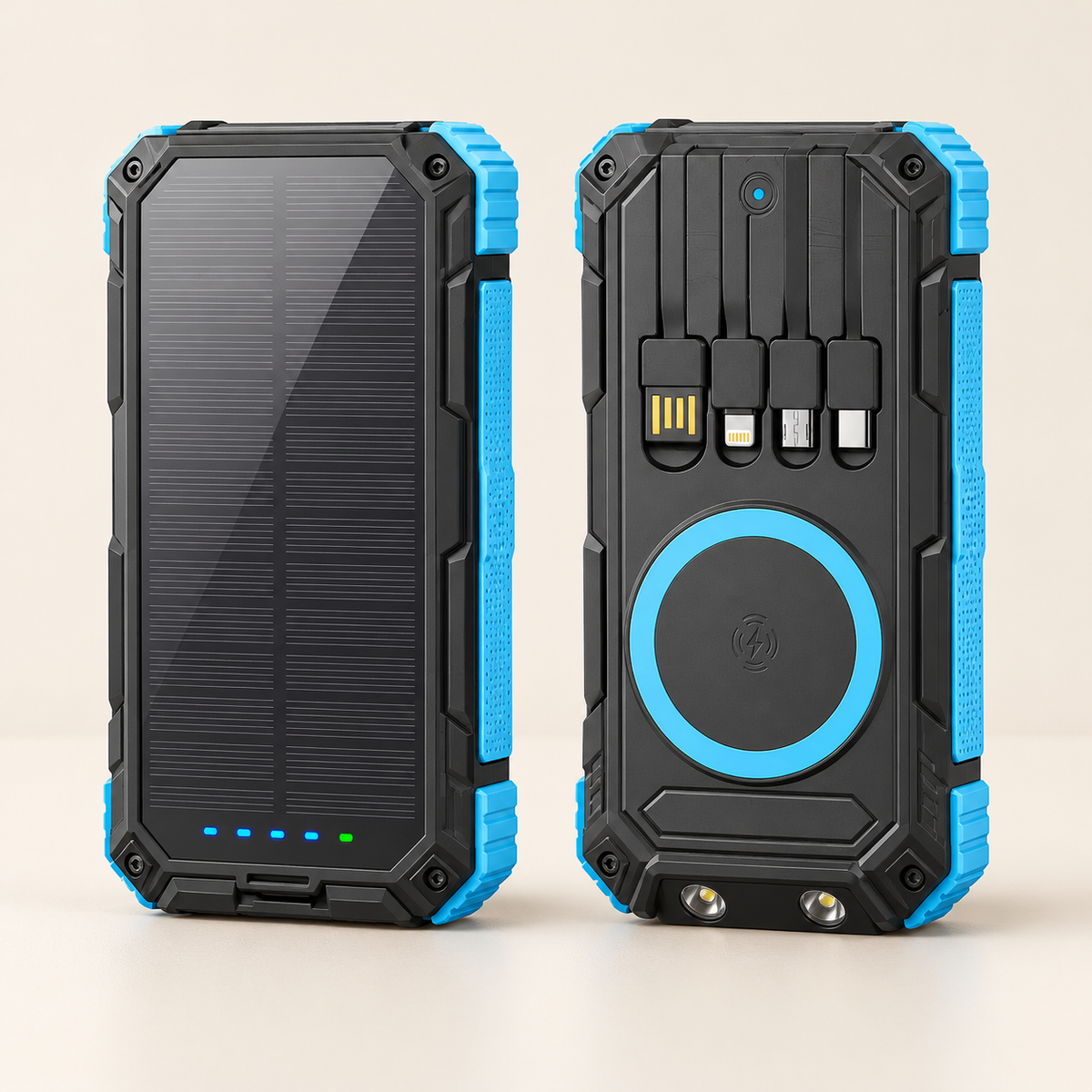 Solar powerbank 20000 mAh met ingebouwde kabels en draadloos opladen