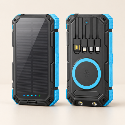 Solar powerbank 20000 mAh met ingebouwde kabels en draadloos opladen