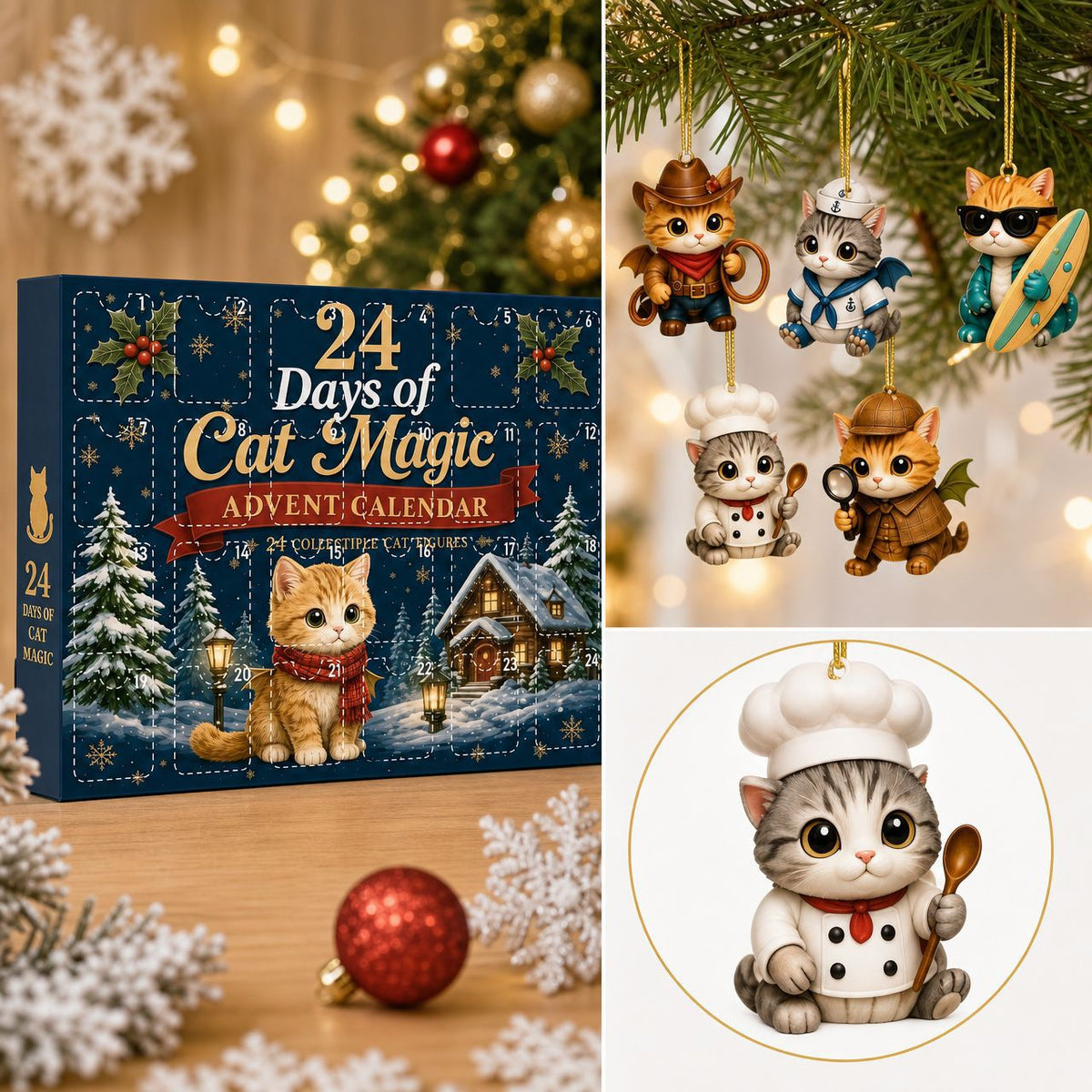 Adventskalender met kattenengeltjes en acryl kersthangers