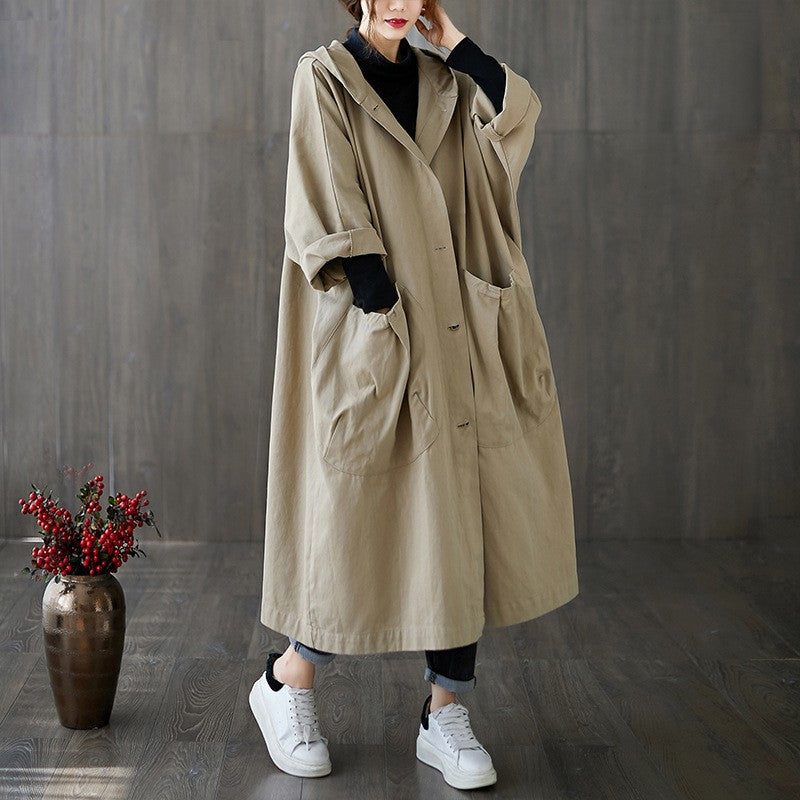 Fashionable loose-fitting knee-length long coat with large pockets for women